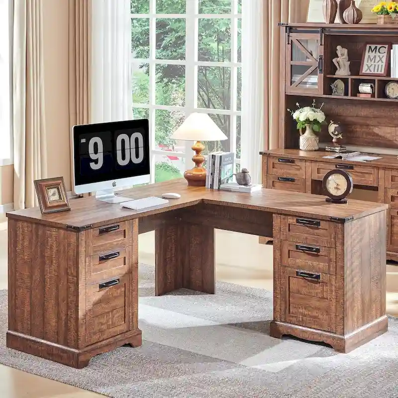 60 Farmhouse L Shaped Executive Desk, Wood Corner Desk, Computer Desk