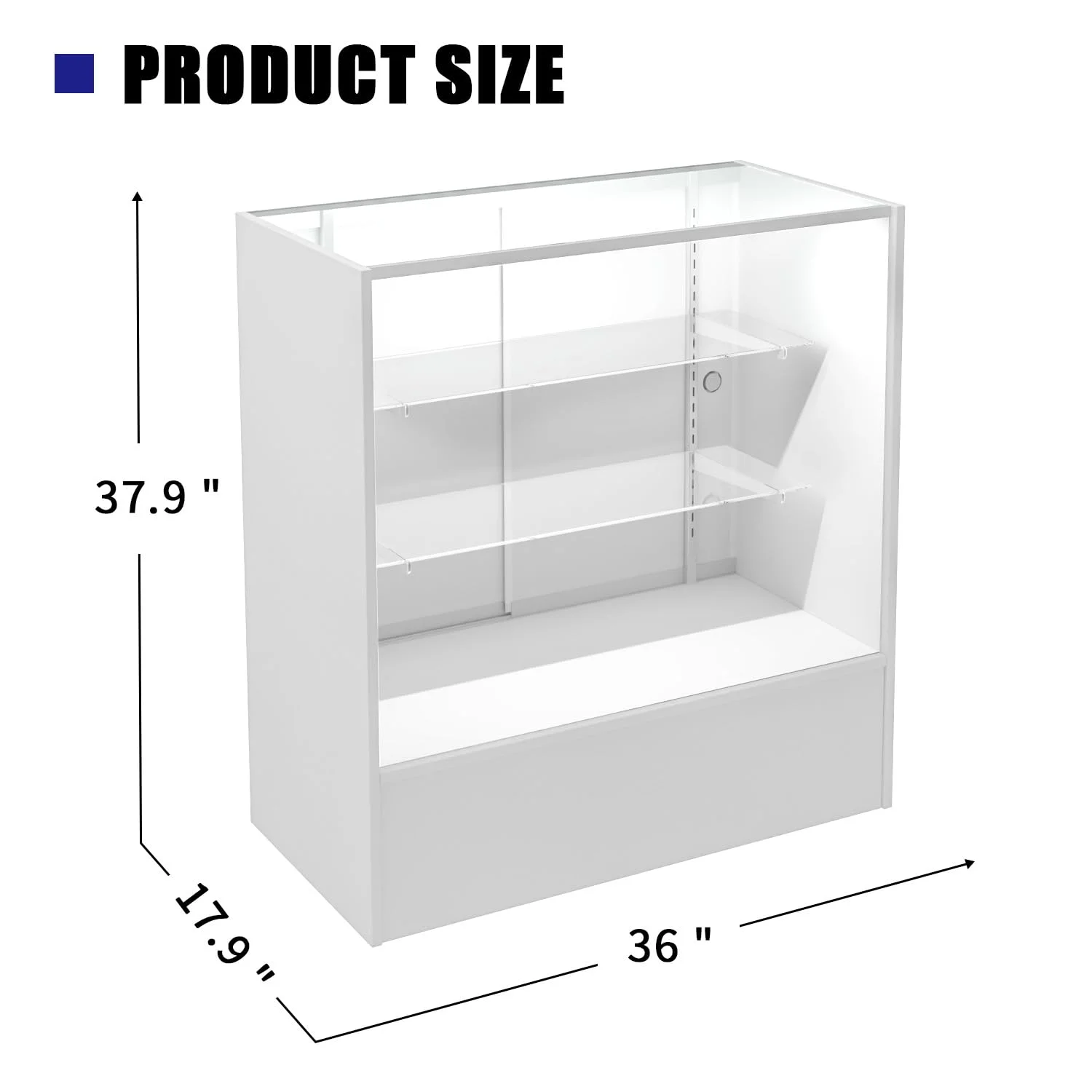 48" W x 38" H x 18" D - full vision display showcase