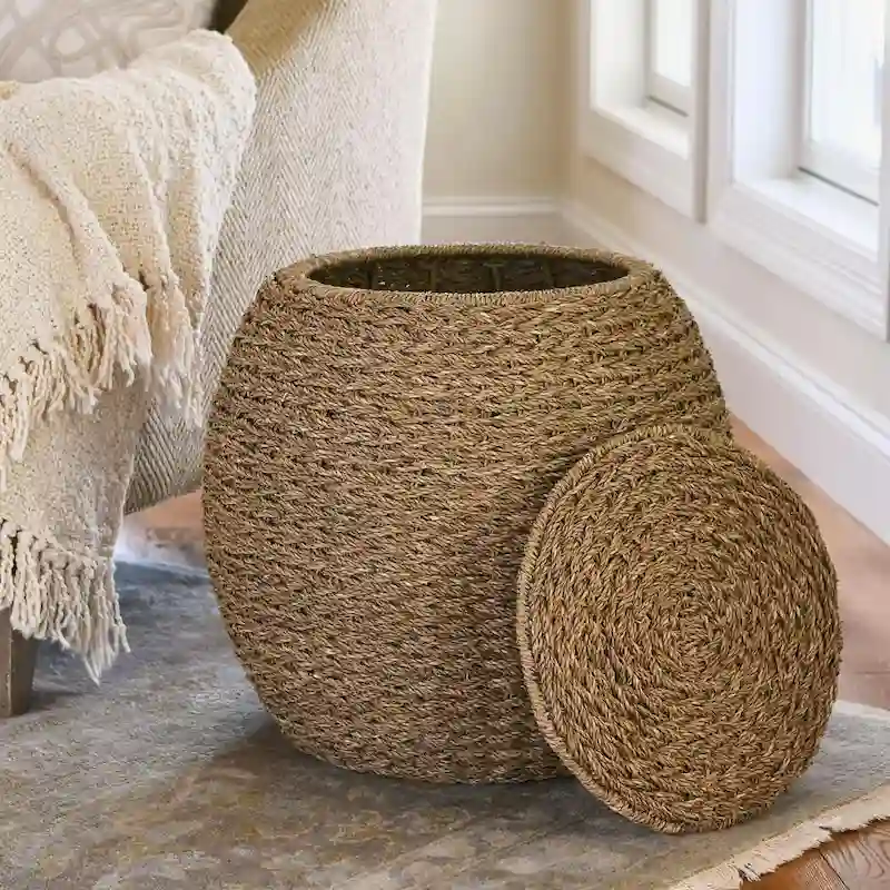 Household Essentials Handwoven Barrel Wicker Storage Basket Side Table - 17.0L x 17.0W x 19.0H