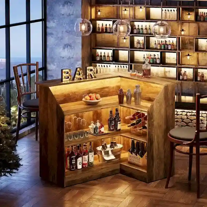 L-Shaped Bar Cabinet with Stemware Racks for Home Pub