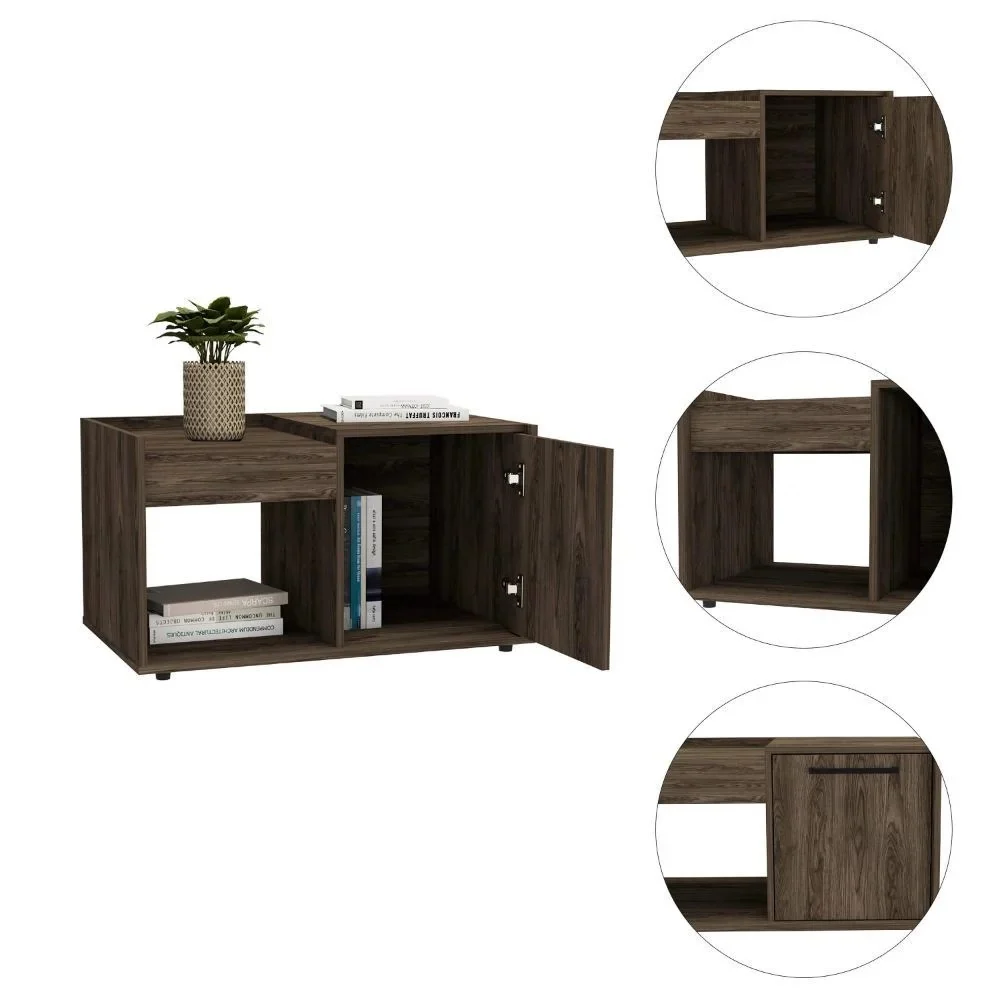 Coffee Table, Single Door Cabinet, One Open Shelf, Dark Walnut