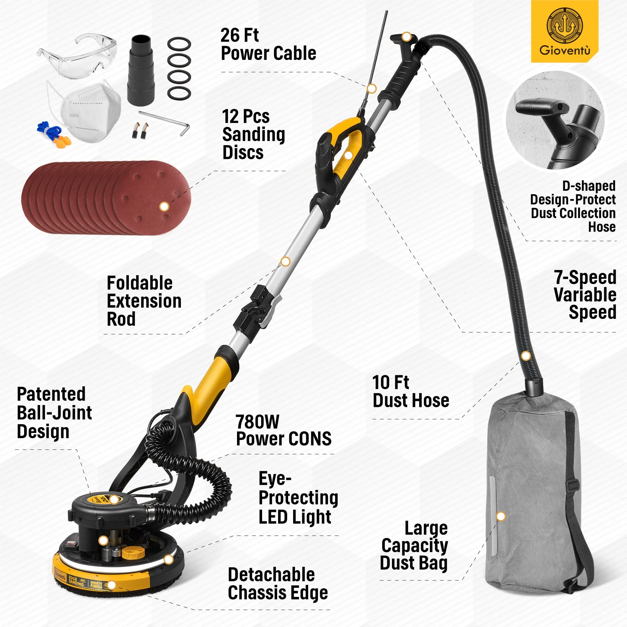 Giovent�� Electric Drywall Sander with Vacuum for Popcorn Ceiling