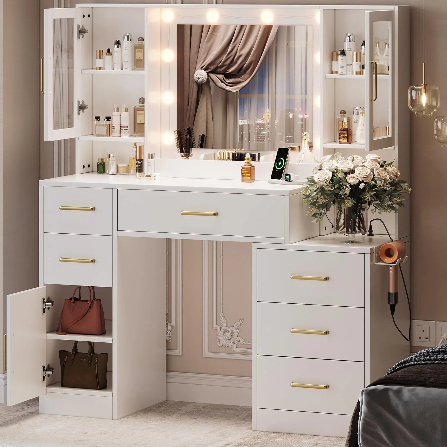 Black Vanity Desk with Mirror, Lights & Charging Station, 58.3" 3 Lighting Modes