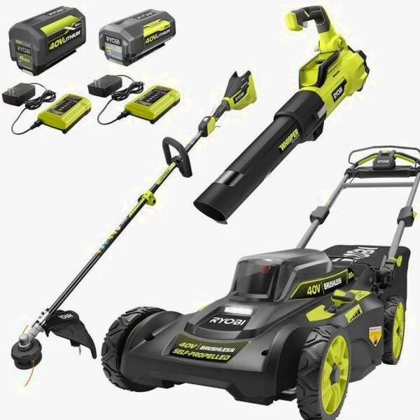 40V Brushless 20 in. Walk Behind Self Propelled Mower String Trimmer Leaf Blower with (2) Batteries and (2) Chargers