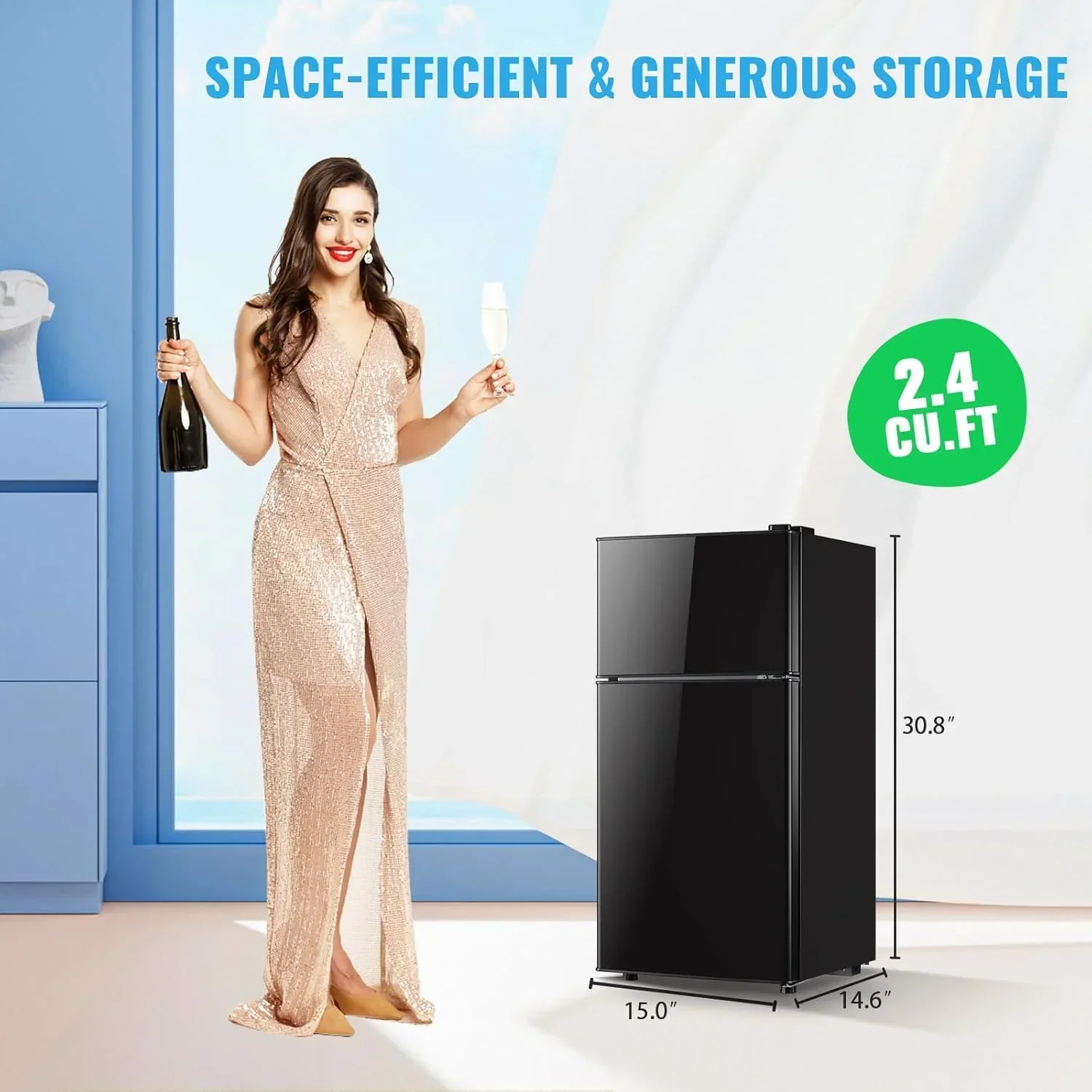 2.4 Cu.Ft Mini Fridge with Freezer Double Door Small Tiny Size Refrigerator with 7 Control Knob