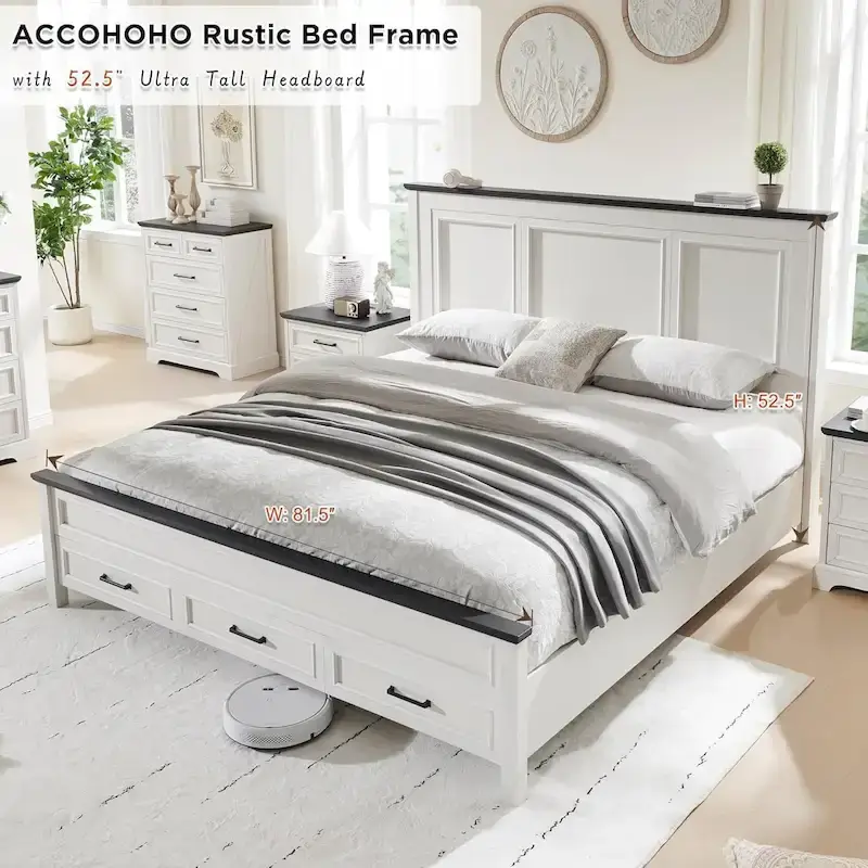 Farmhouse King Wood Bed Frame with Headboard, Platform Bedframe