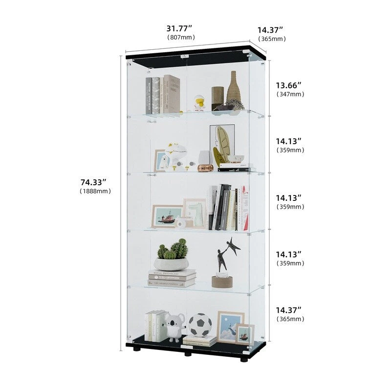 Glass Display Cabinet with 5 Shelves Double Door