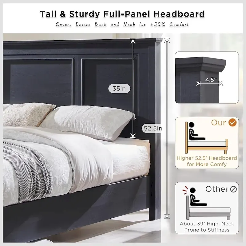 Farmhouse King Wood Bed Frame with Headboard, Platform Bedframe