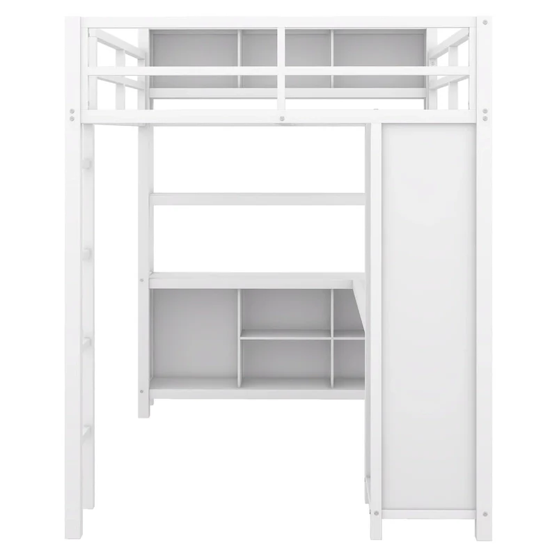 Off-White Metal Loft Bed with Desk and Wardrobe - Full Size