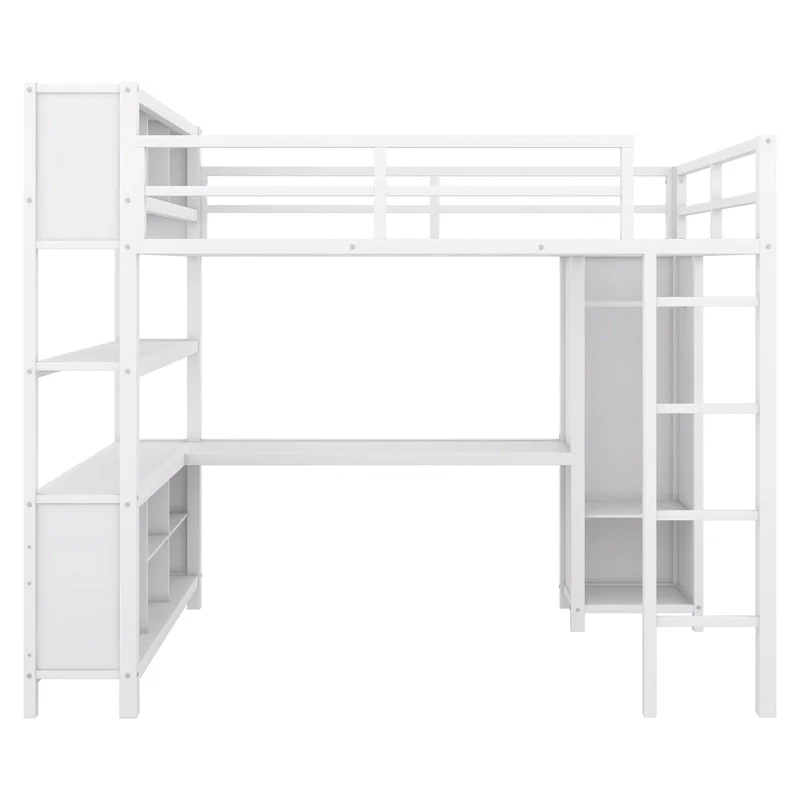 Off-White Metal Loft Bed with Desk and Wardrobe - Full Size