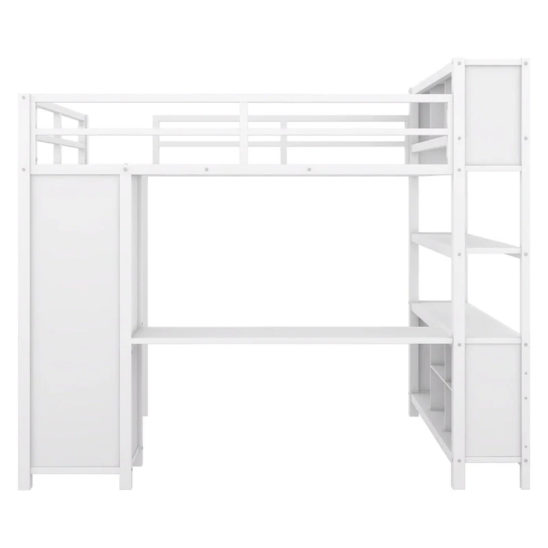 Off-White Metal Loft Bed with Desk and Wardrobe - Full Size