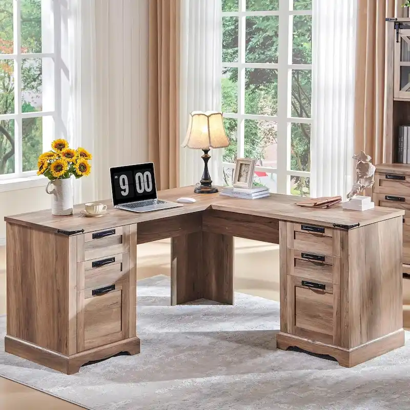 60 Farmhouse L Shaped Executive Desk, Wood Corner Desk, Computer Desk