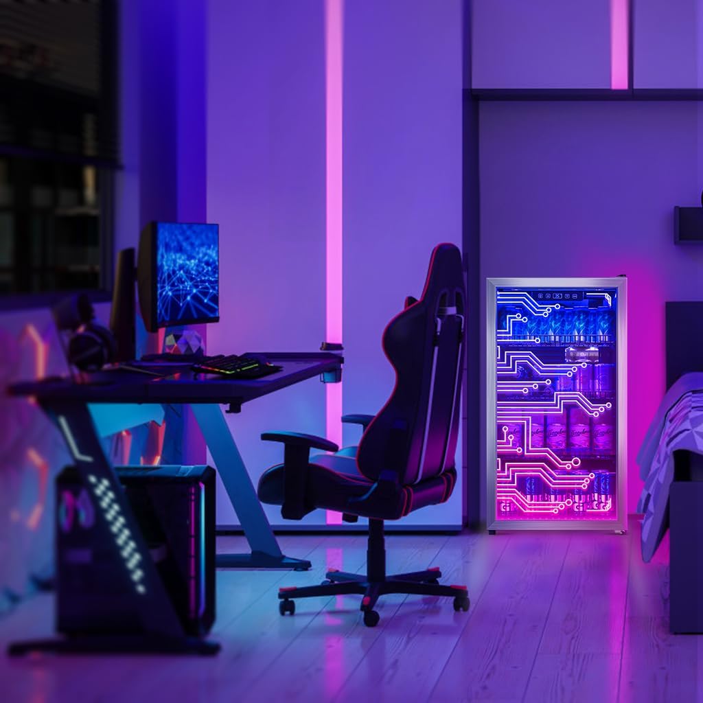 Gaming LED Beverage Refrigerator, 120 Cans, Cyberpunk Style