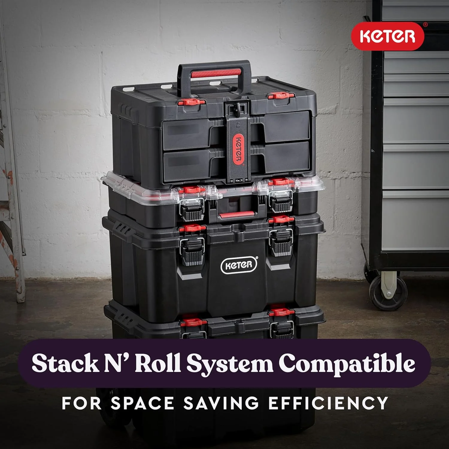 Modular Tools Organizer for Garage Storage and DIY, 3 Piece Resin Rolling Tool Box System for Small Parts