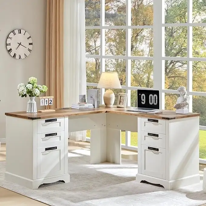 60 Farmhouse L Shaped Executive Desk, Wood Corner Desk, Computer Desk
