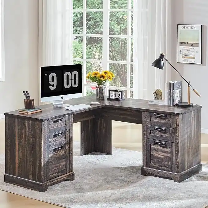 60 Farmhouse L Shaped Executive Desk, Wood Corner Desk, Computer Desk
