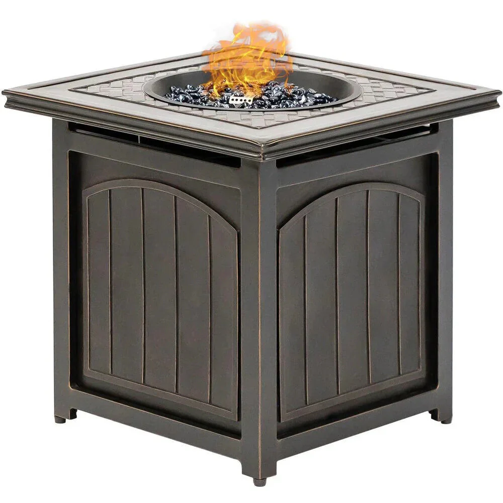5-Piece Steel Patio Fire Pit Conversation Set with Navy Blue Cushions, Swivel Gliders and Square Fire Pit Table