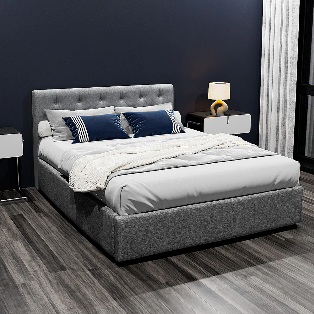 Artiss Vila Bed Frame Fabric Gas Lift Storage - Grey Double