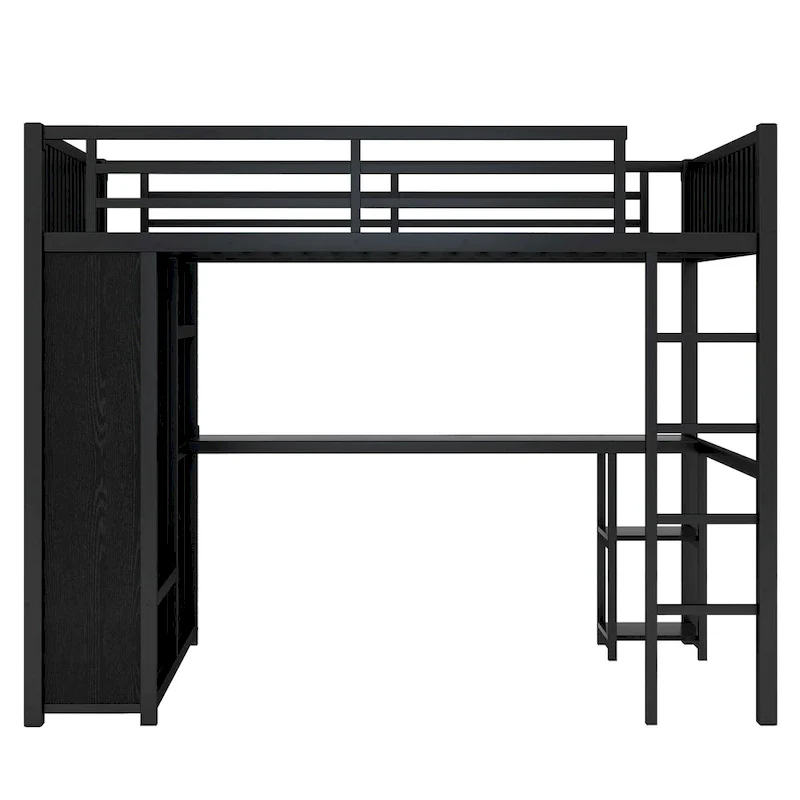 Full XL Size Loft Bed Frame with Built-in Wardrobe