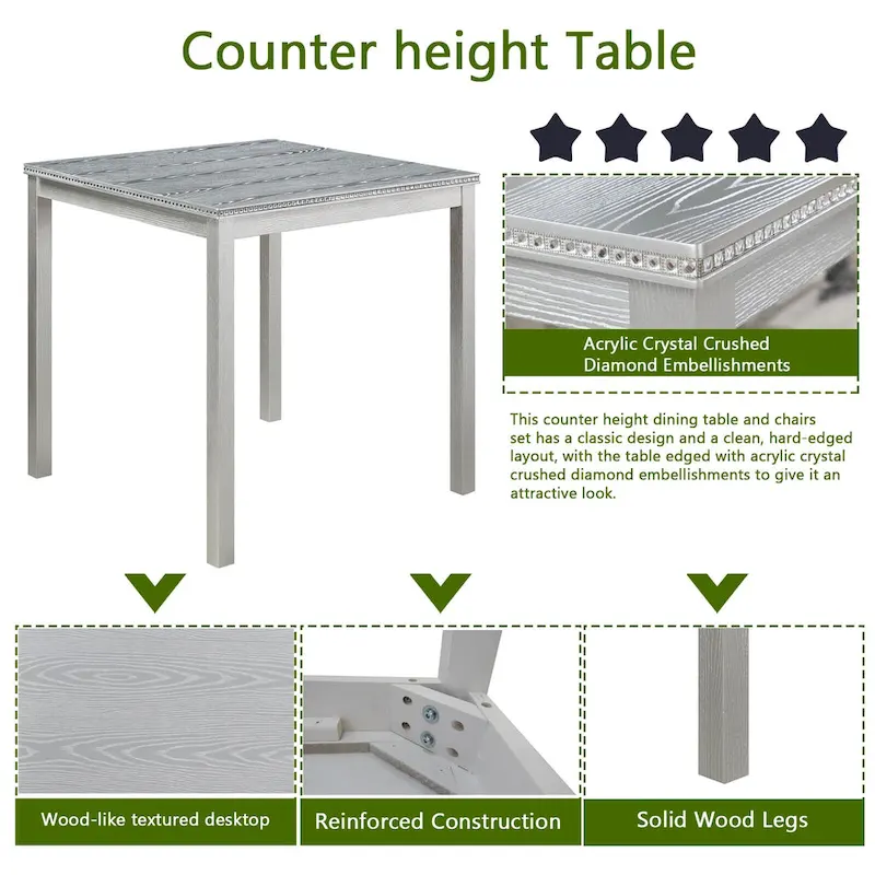 Modern 5-Piece Dining Set with Square Counter Height Table & 4 Upholstered Chairs