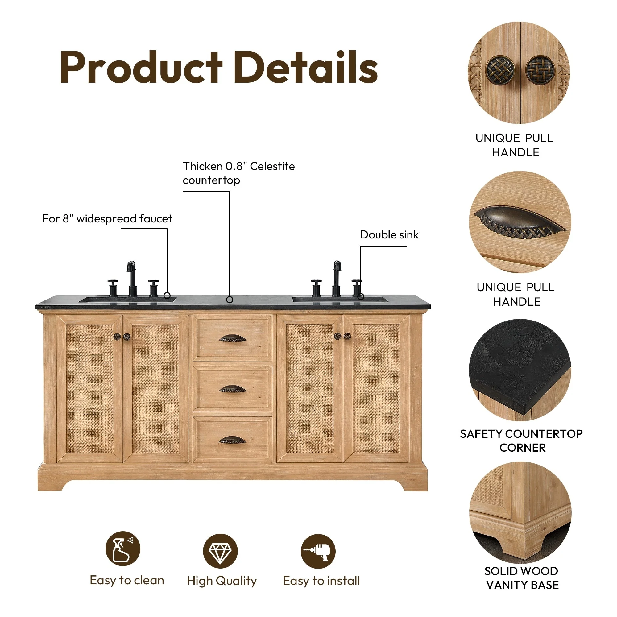 Hervas Bath Vanity with Natural Marble Top without Mirror