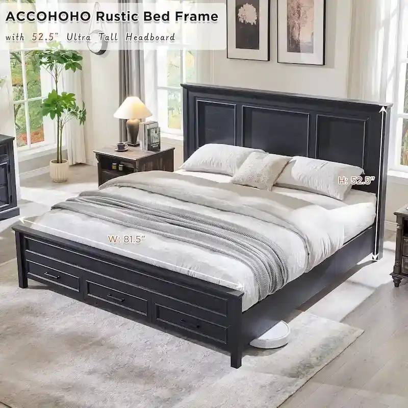 Farmhouse King Wood Bed Frame with Headboard, Platform Bedframe