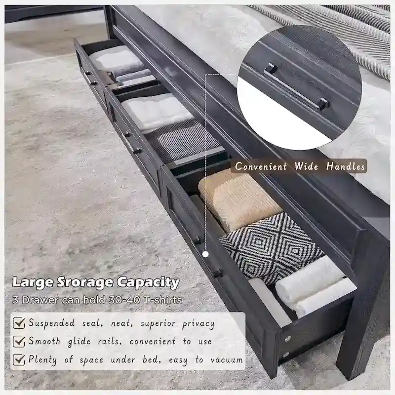 Farmhouse King Wood Bed Frame with Headboard, Platform Bedframe