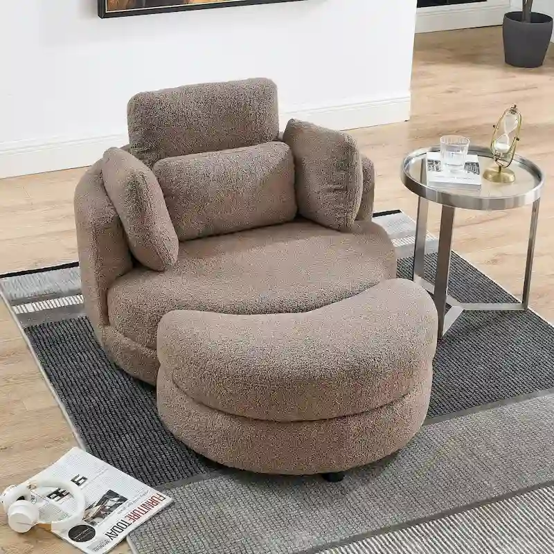 Oversized Swivel Cuddle Barrel Chair with moon storage ottoman