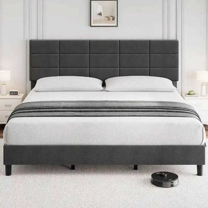 Linen Upholstered Bed Frame with Wooden Slats Support