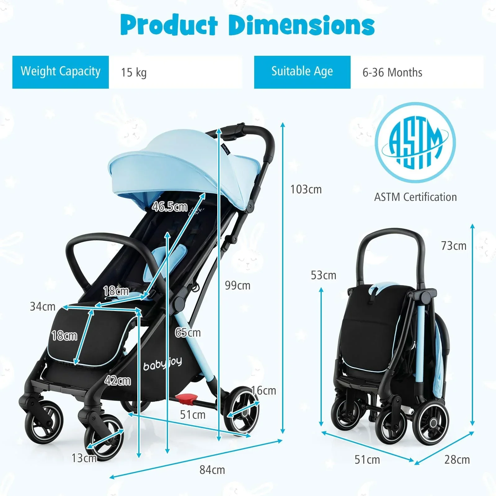 Compact Travel Stroller for Airplane Infant Toddler Stroller w/Adjustable Backrest & Canopy