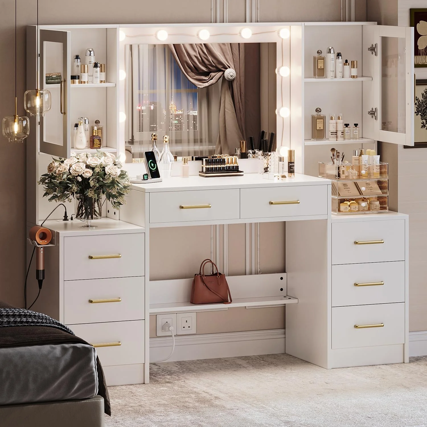 Black Vanity Desk with Mirror, Lights & Charging Station, 58.3" 3 Lighting Modes