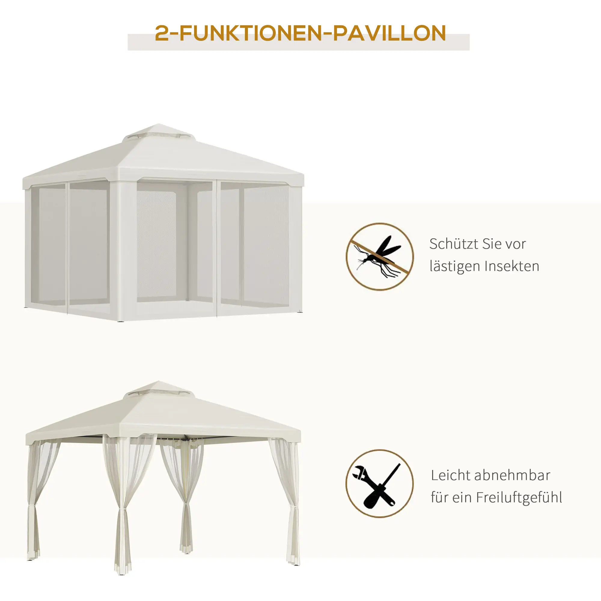 Outsunny Gartenpavillon Doppeldach Insektenschutz cremeweiß