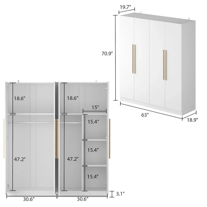 Modern Freestanding Solid Wood Wardrobe Closet With Storage Shelves