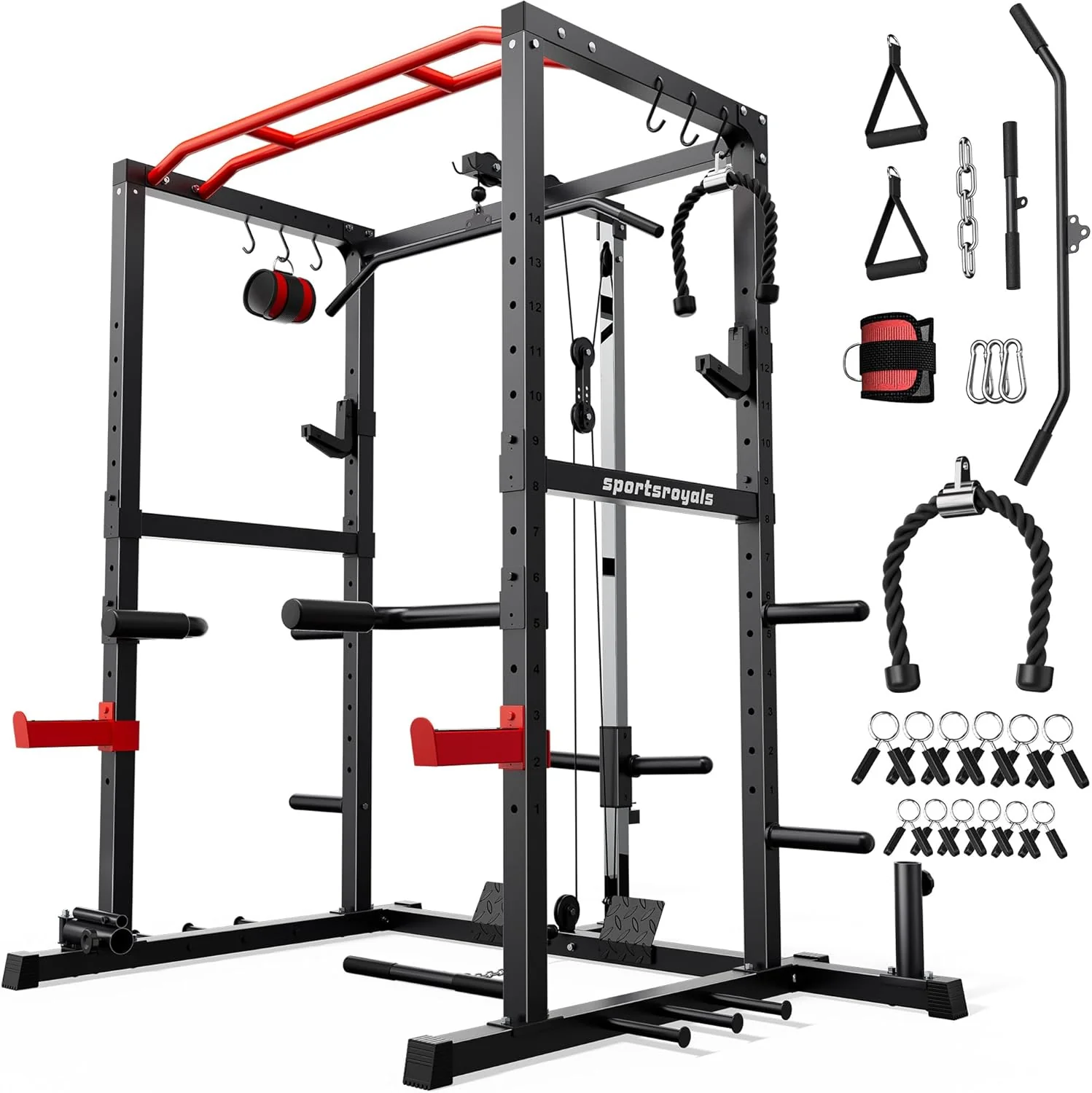 Sportsroyals Squat Rack, LAT Power Cage, Power Rack Multi-Function with Pulley System