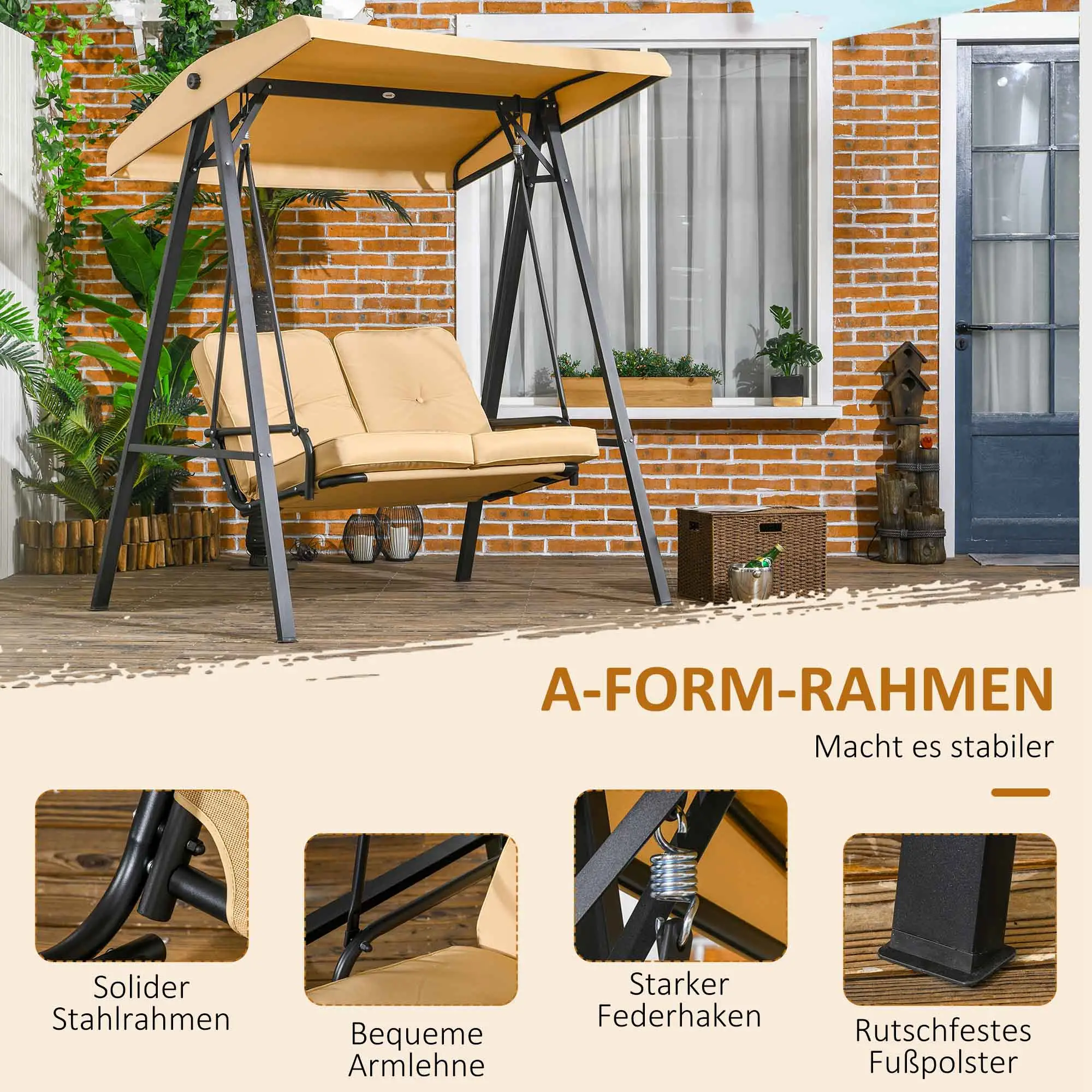 Outsunny Hollywoodschaukel 2-Sitzer mit verstellbarem Sonnendach