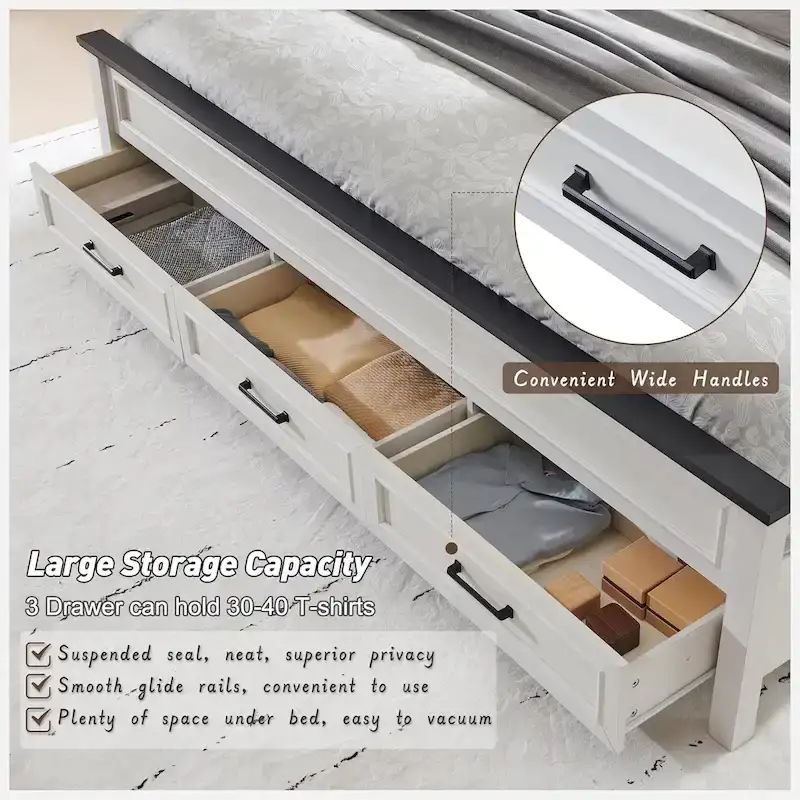Farmhouse King Wood Bed Frame with Headboard, Platform Bedframe
