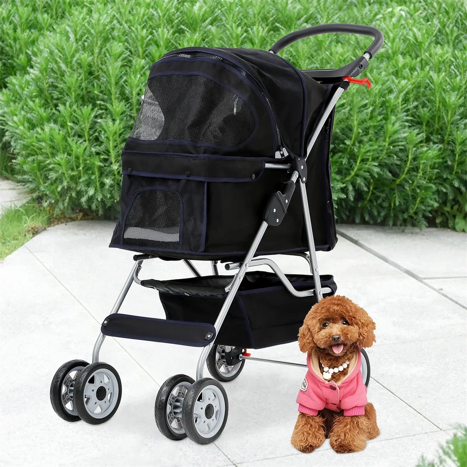 Foldable Dog Stroller Cat Stroller with Storage Basket & Removable Liner, 4 Wheels Pet Stroller,Foldable Carrier Strolling Cart for Dogs Cats, Black