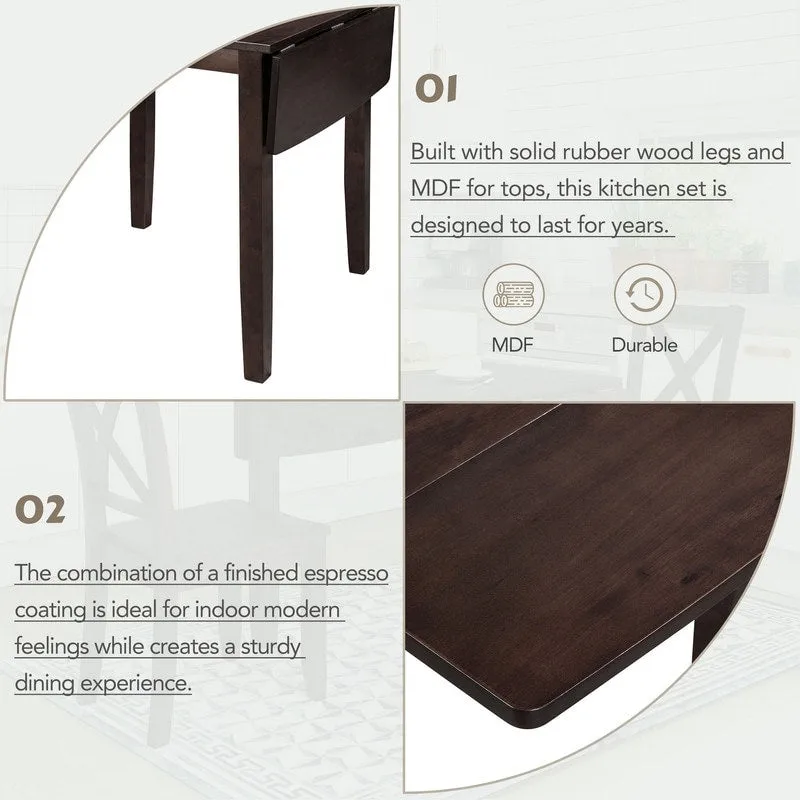 3-Piece Wood Drop Leaf Breakfast Nook Dining Table Set with 2 X-back Chairs for Small Places