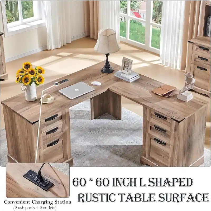 60 Farmhouse L Shaped Executive Desk, Wood Corner Desk, Computer Desk