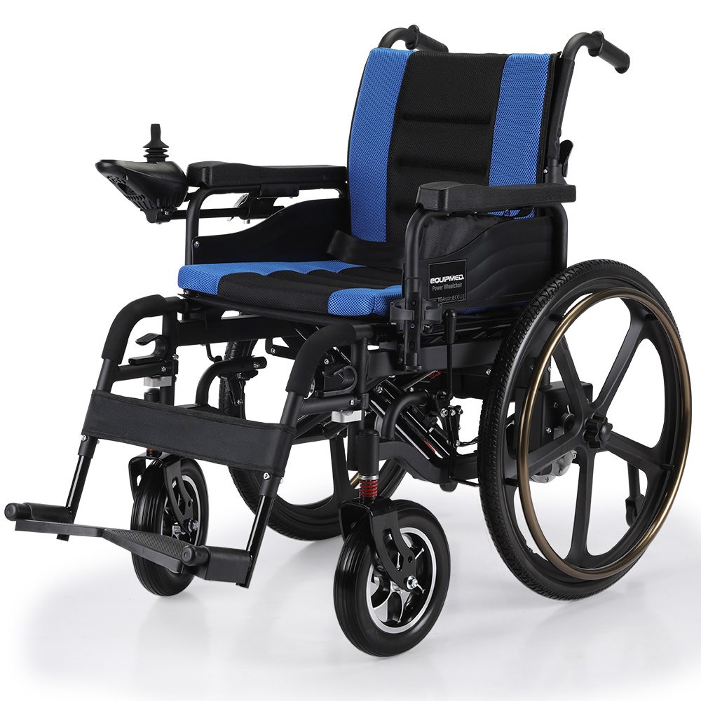 EQUIPMED Electric Wheelchair Folding, Long Range, Airline Approved, Lithium Battery, 24" Light Rear Wheels, Matte Black/Blue - moniquejewelry