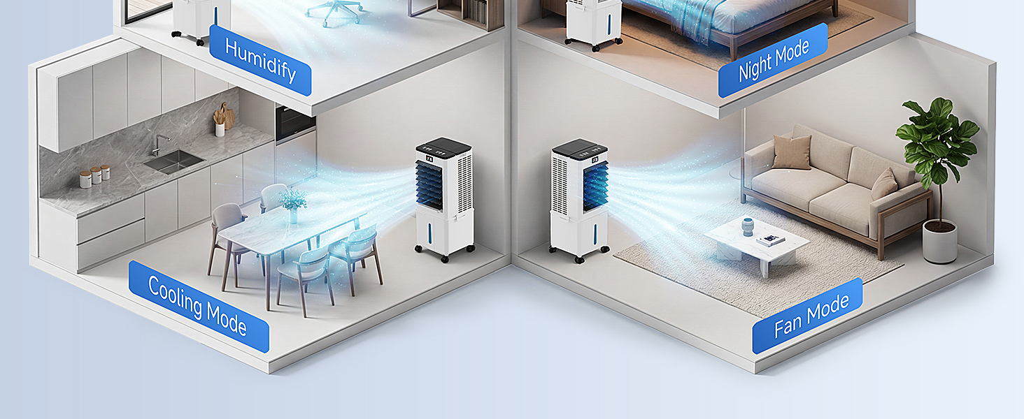3D isometric cutaway illustration of home interior showing room layout with blue highlighted coverage zones, demonstrating wireless signal or device coverage throughout living spaces.