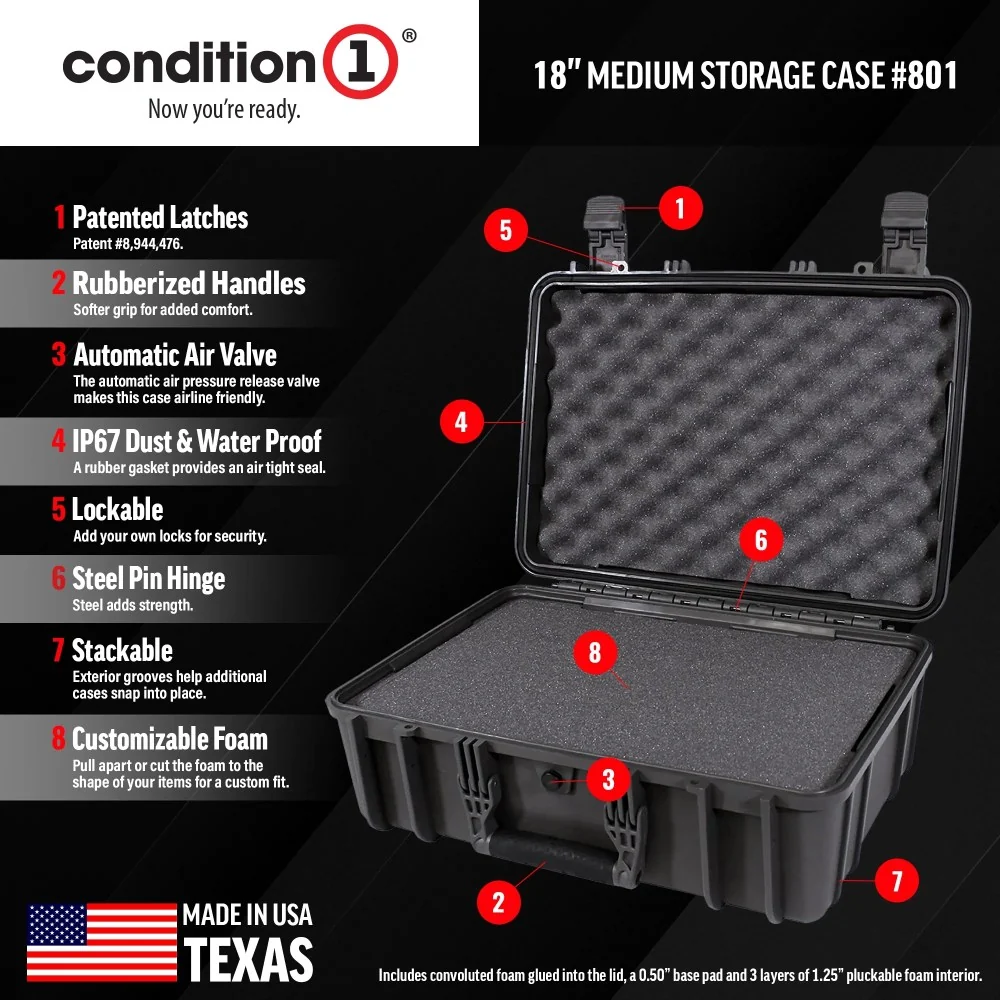 Condition 1 18" Medium Hard Case with Foam,Lockable Waterproof Box