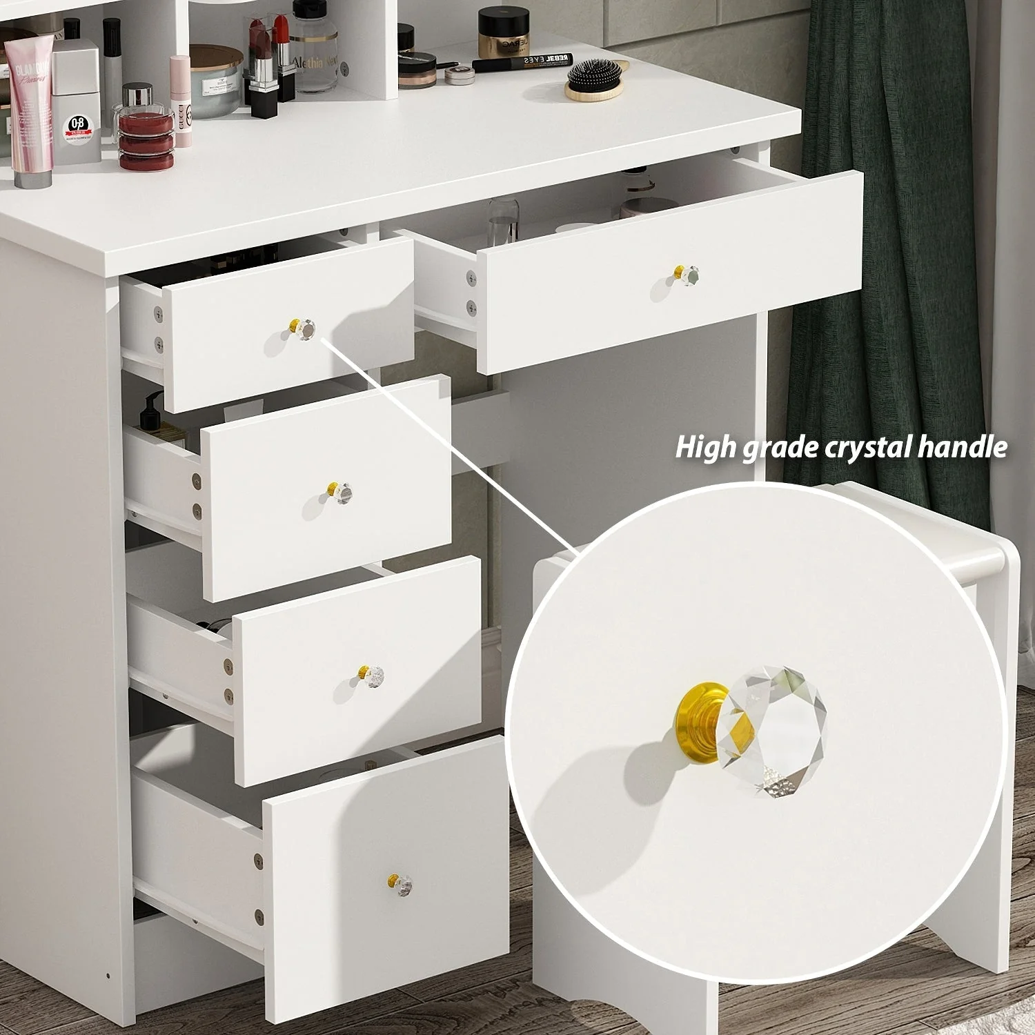 Makeup Vanity Set Table With LED Light &Mirror & Stool
