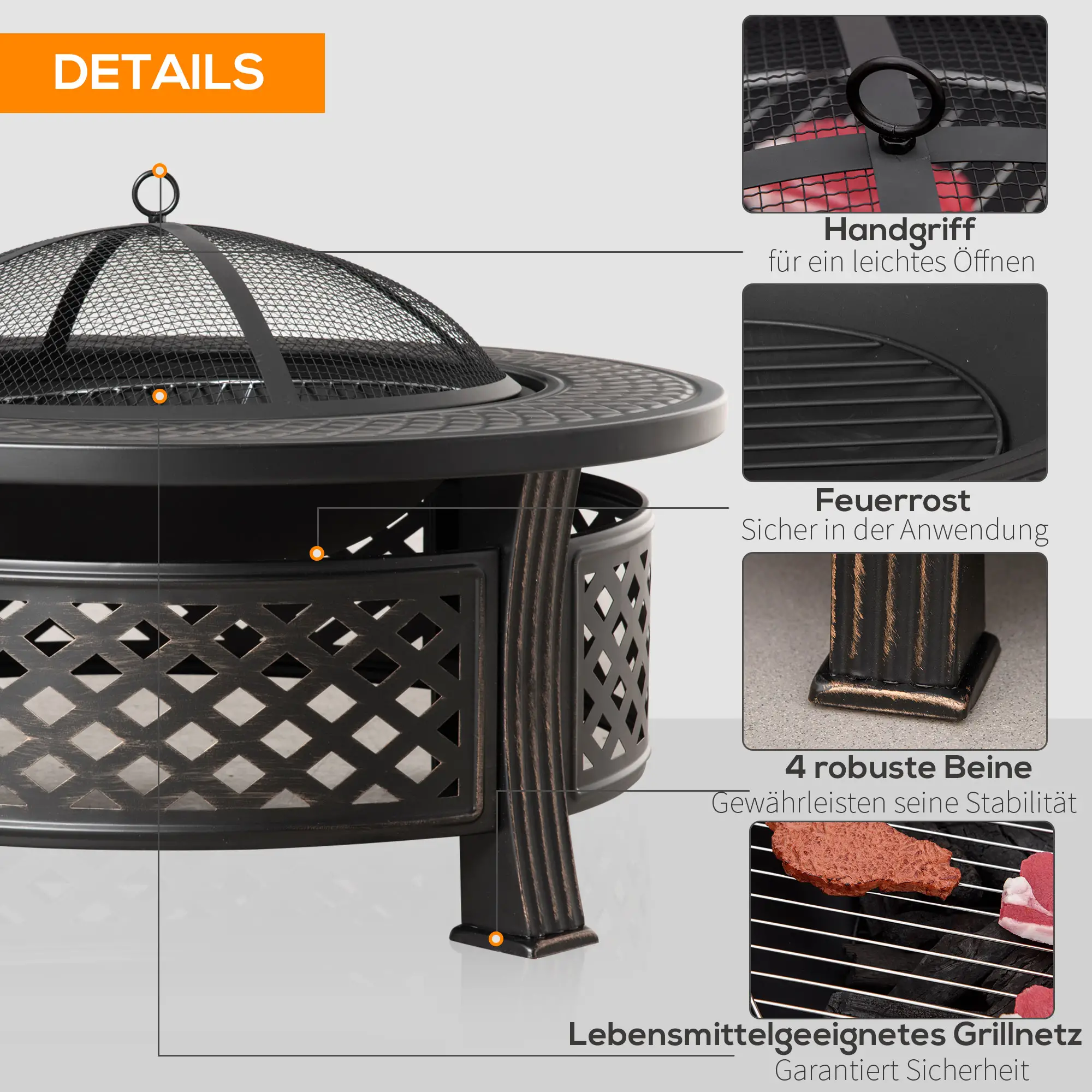 Outsunny Feuerschale BBQ-Grill 2-in-1 Bronzeoptik