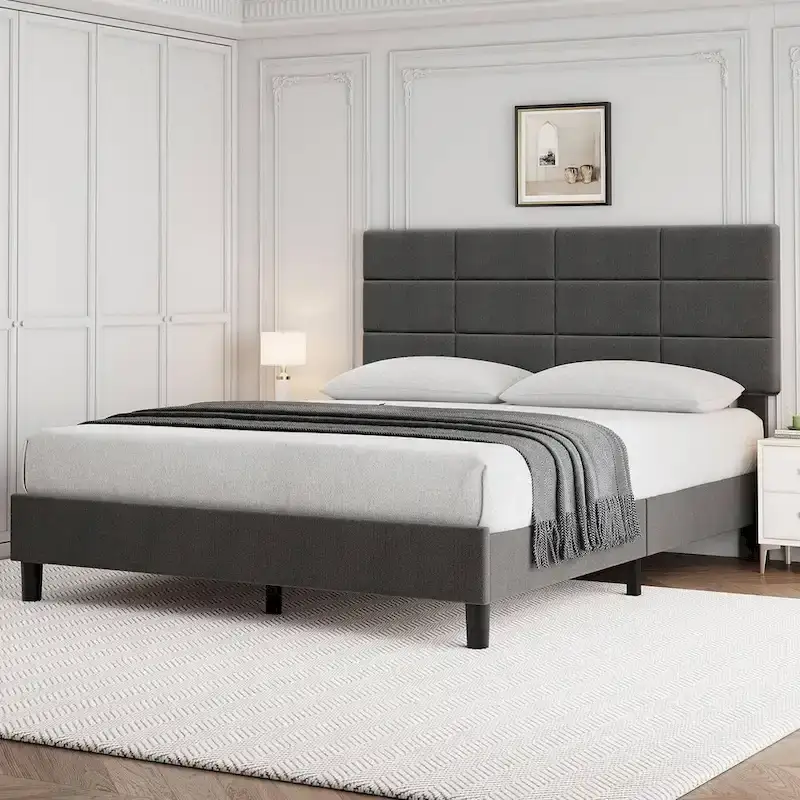 Linen Upholstered Bed Frame with Wooden Slats Support
