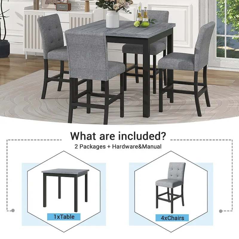 5 Piece Counter Height Dining Set, Wood Dining Table Set with Rectangle Table and 4 Upholstered High Back Chairs