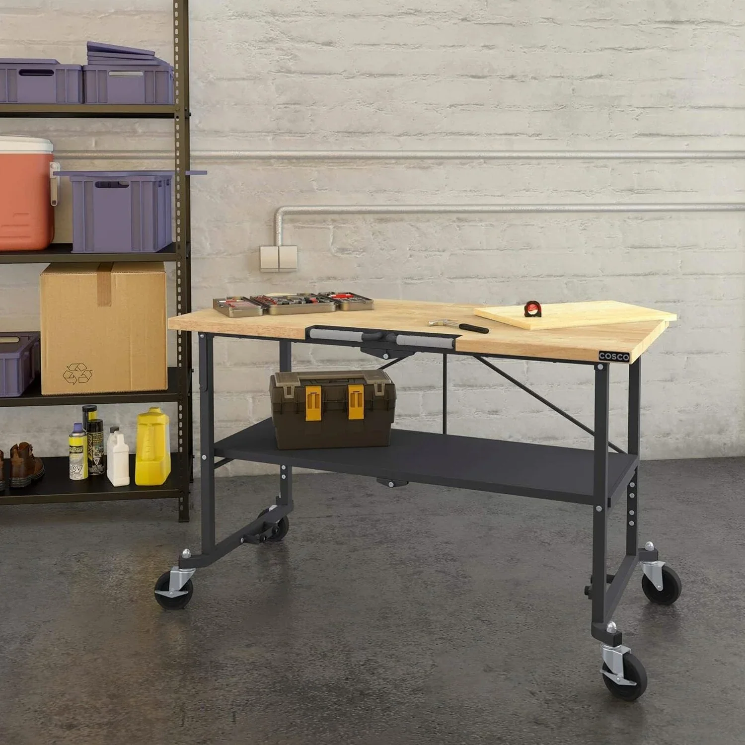 COSCO SmartFold Butcher Block Workbench, 700LB Capacity, Gray