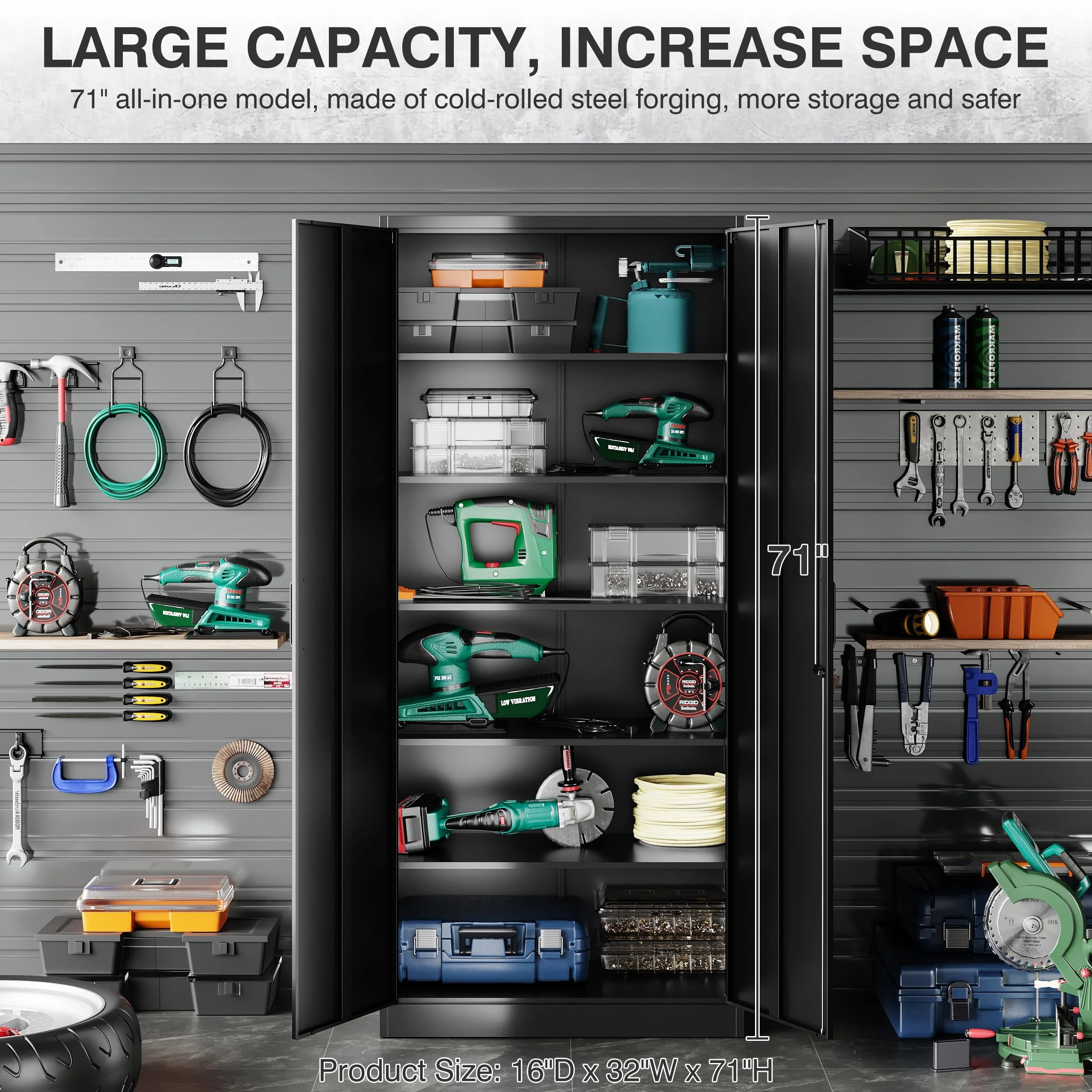 SISESOL 71" Metal Garage Storage Cabinet with 2 Doors