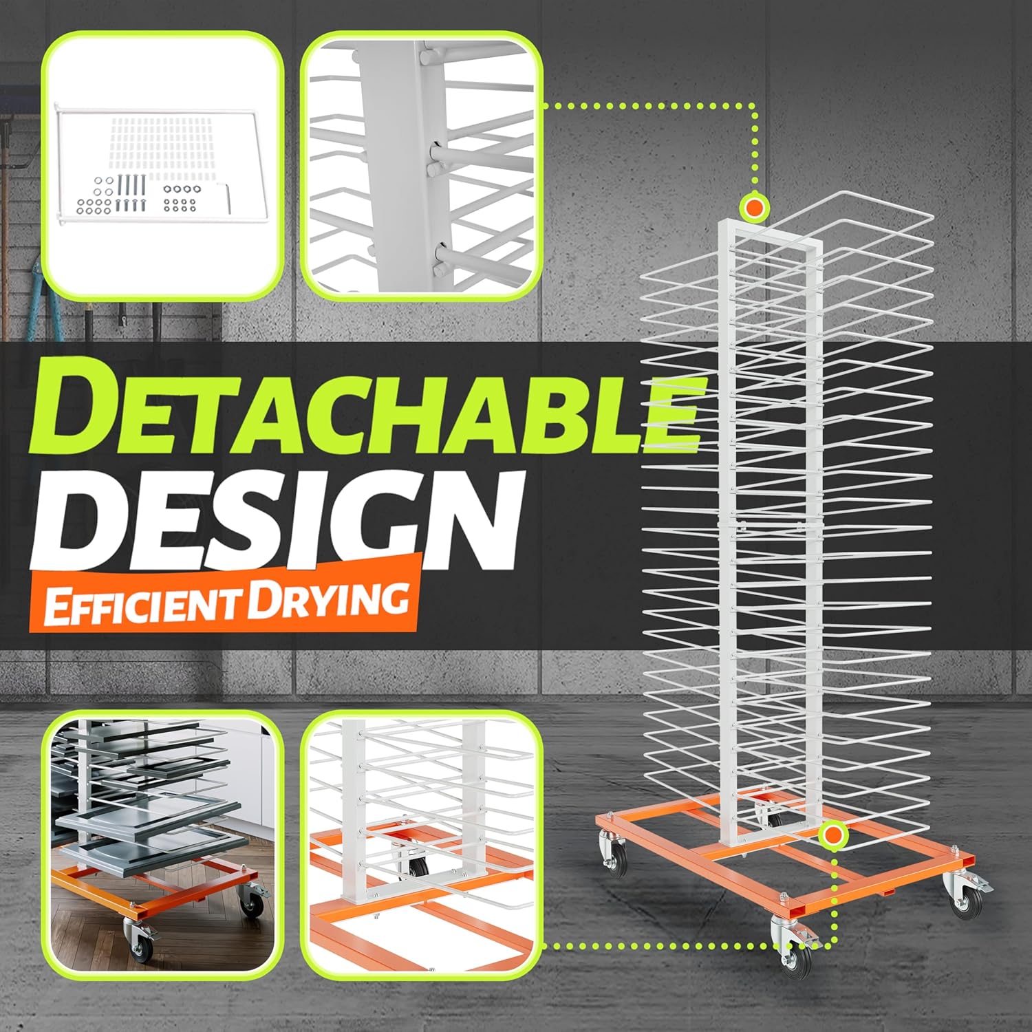 50-Shelf Paint Drying Rack with Wheels, 25lbs/Shelf, Orange/White