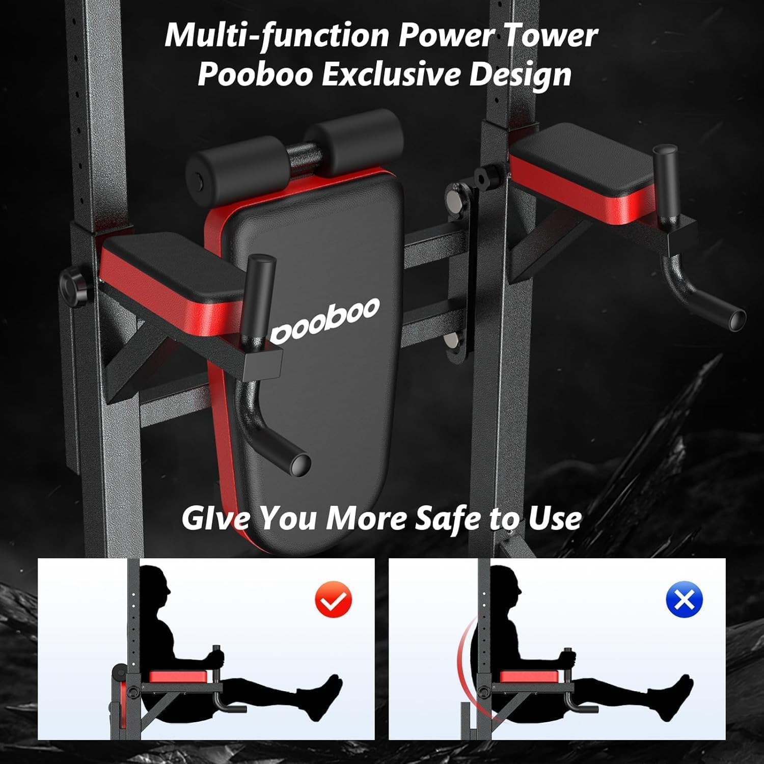 Pooboo Power Tower Dip Station, Pull-Up Bar, Supine Board, Adjustable